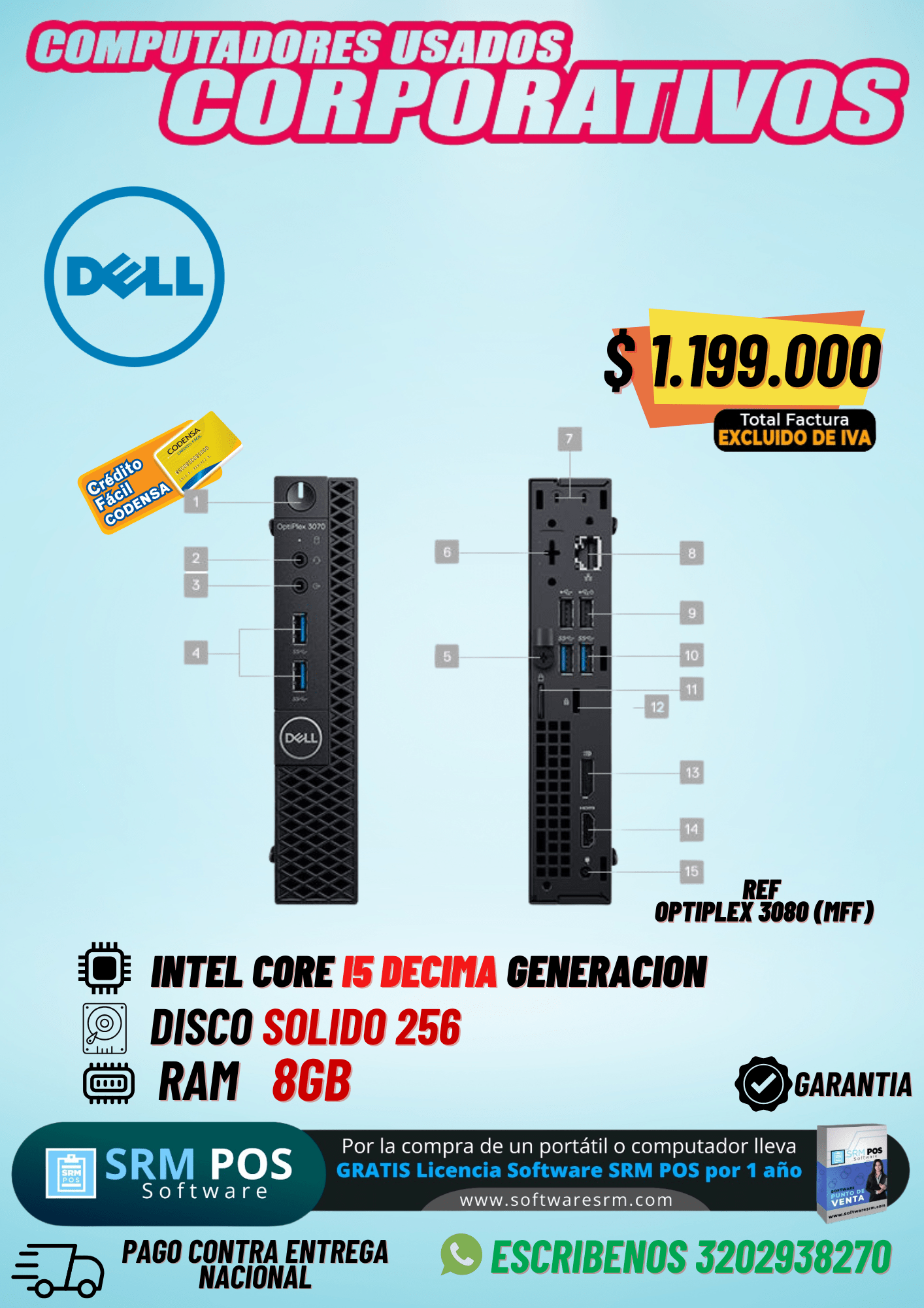 Dell Optiplex 3080 (MFF) – Core i5 10ª Gen, 8GB RAM, 256GB SSD | Corporativo Usado